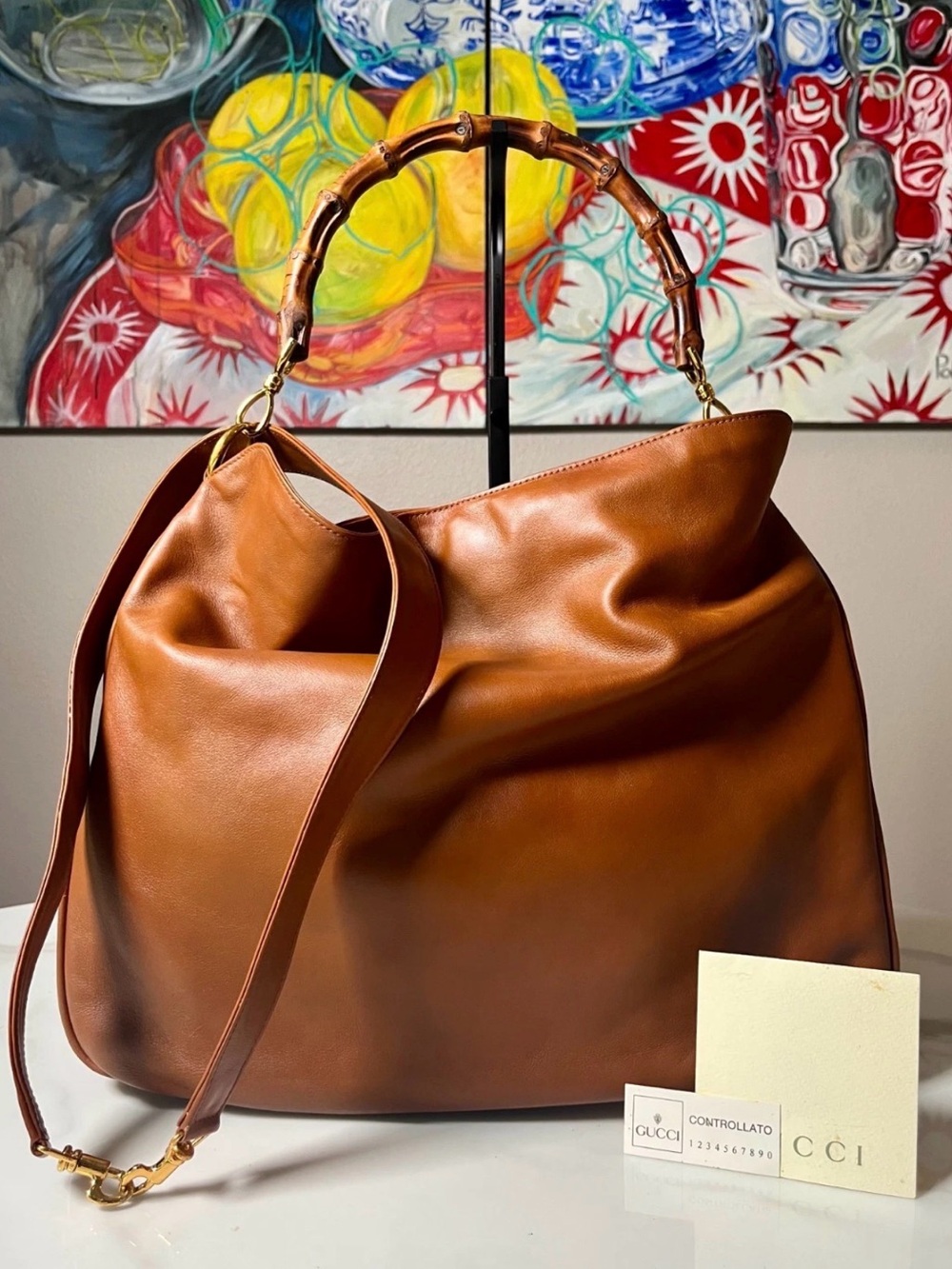 Vintage Gucci Tan Leather Bamboo-Handle Shoulder Hobo